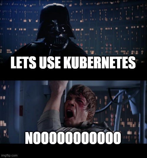 Meme about Luke refusing to use Kubernetes as Dark Vador tell him to.